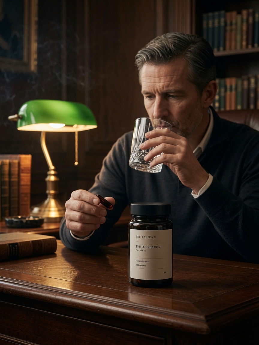 Man taking a supplement with water